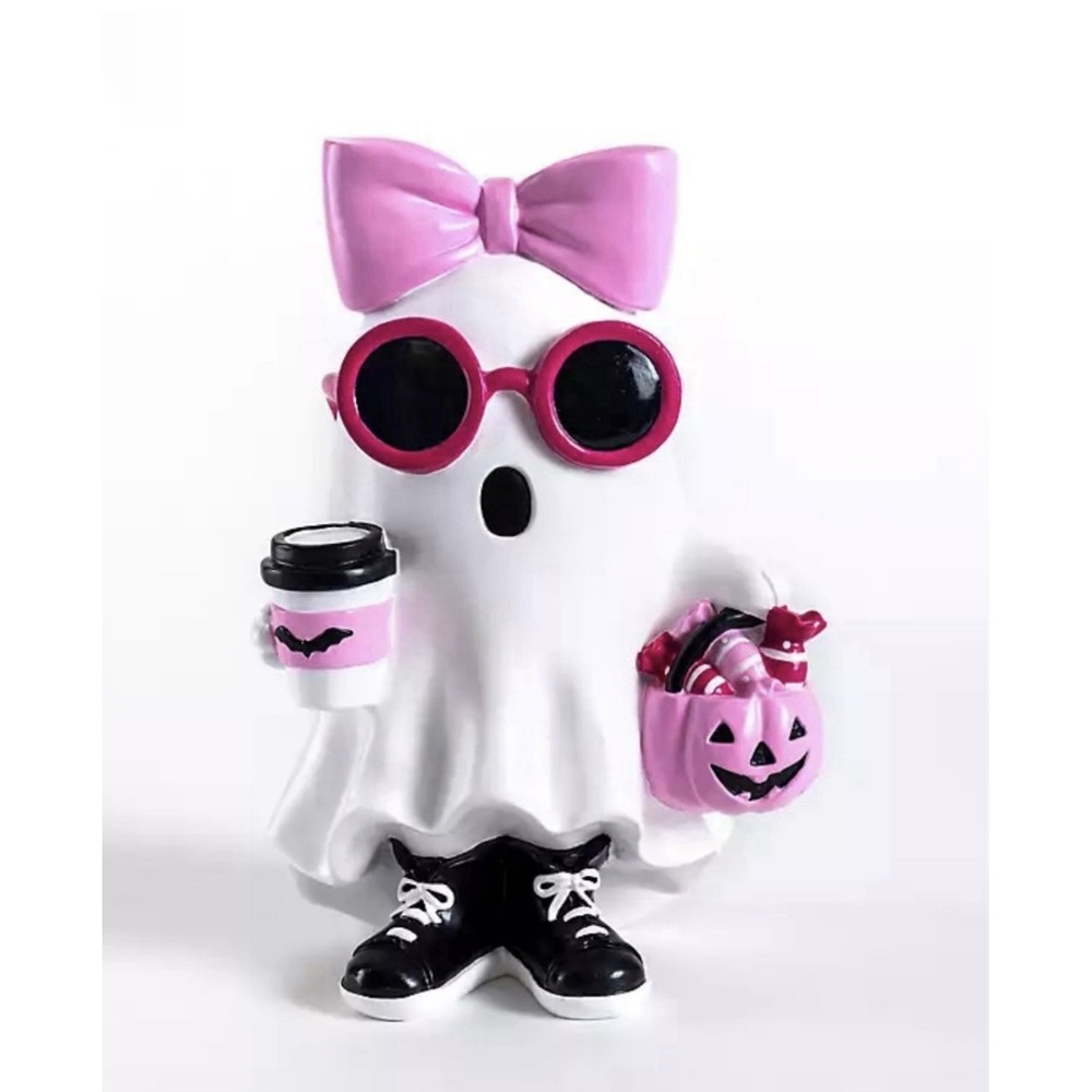 NEW Ghost Girl With Pink Bow & Hot Drink PSL Viral Halloween Tabletop Decor 10in - Picture 2 of 2